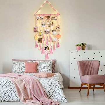 Hanging Photo Display Wall Decor, Pink Macrame Wall Hanging Boho Room Bedroom Decor, Picture Frame C...