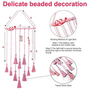 Hanging Photo Display Wall Decor, Pink Macrame Wall Hanging Boho Room Bedroom Decor, Picture Frame Collage with Remote Light & 30 Clips, Christmas Teenage Teen Girl Gifts Ages 10 11 12 13 14 Years Old