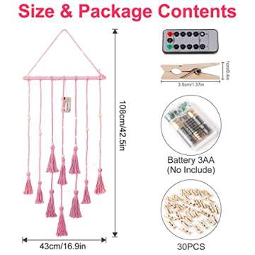 Hanging Photo Display Wall Decor, Pink Macrame Wall Hanging Boho Room Bedroom Decor, Picture Frame Collage with Remote Light & 30 Clips, Christmas Teenage Teen Girl Gifts Ages 10 11 12 13 14 Years Old