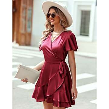 Zeagoo Womens Wrap Dresses Stain Short Sleeve Solid Dress Sexy V-Neck Loose Tie Waist Flowy Dress Wine Red