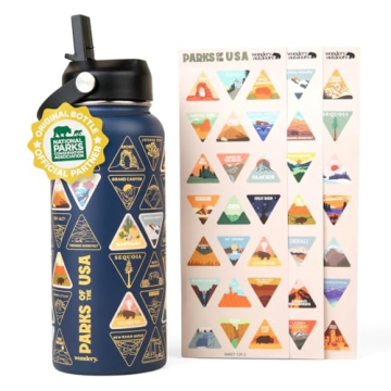 Wondery National Parks Water Bottle With 63 Waterproof Stickers of Parks (USA), 32 oz Stainless Stee...