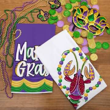 ARKENY Mardi Gras Kitchen Towels for Mardi Gras Decor Crawfish Decorations Beads Dish Towels 18x26 I...