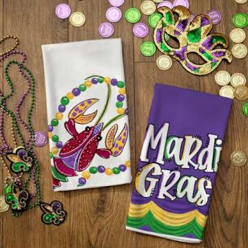 ARKENY Mardi Gras Kitchen Towels for Mardi Gras Decor Crawfish Decorations Beads Dish Towels 18x26 Inch Bar Drying Cloth Tea Sign Hand Towel for Mardi Gras Carnival Decorations Set of 2 AD051