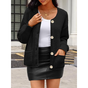 MEROKEETY Women's Long Sleeve Cardigan Sweater Fall Button Down Ribbed Knit Outerwear Coats with Pockets, Black, Small