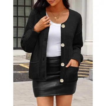 MEROKEETY Women's Long Sleeve Cardigan Sweater Fall Button Down Ribbed Knit Outerwear Coats with Pockets, Black, Small