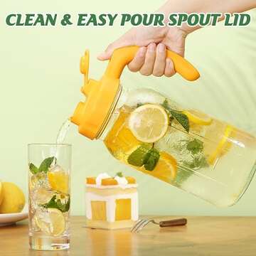 Soligt Glass Mason Jar Pitcher with Lid, Wide Mouth Flip Cap Pour Spout Leak-proof Lid with Handle, ...