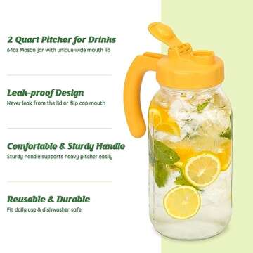 Soligt Glass Mason Jar Pitcher with Lid, Wide Mouth Flip Cap Pour Spout Leak-proof Lid with Handle, 64 oz (2 Quart /1.9 Liter), for Sun Tea/Iced Tea/Juice/Cold Brew Coffee/Milk (1 Pack, Vivid Yellow)