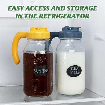 Soligt Glass Mason Jar Pitcher with Lid, Wide Mouth Flip Cap Pour Spout Leak-proof Lid with Handle, 64 oz (2 Quart /1.9 Liter), for Sun Tea/Iced Tea/Juice/Cold Brew Coffee/Milk (1 Pack, Vivid Yellow)