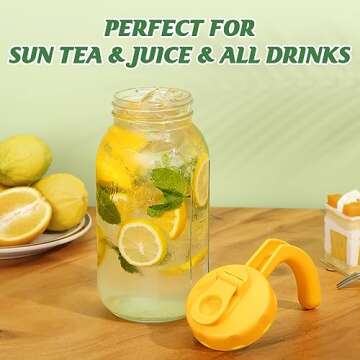 Soligt Glass Mason Jar Pitcher with Lid, Wide Mouth Flip Cap Pour Spout Leak-proof Lid with Handle, 64 oz (2 Quart /1.9 Liter), for Sun Tea/Iced Tea/Juice/Cold Brew Coffee/Milk (1 Pack, Vivid Yellow)