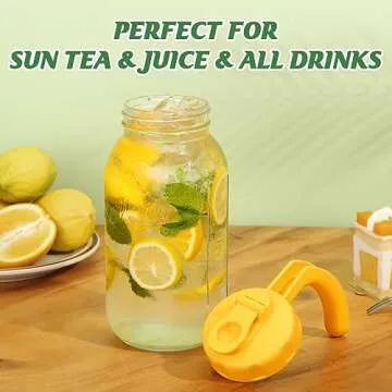 Soligt Glass Mason Jar Pitcher with Lid, Wide Mouth Flip Cap Pour Spout Leak-proof Lid with Handle, 64 oz (2 Quart /1.9 Liter), for Sun Tea/Iced Tea/Juice/Cold Brew Coffee/Milk (1 Pack, Vivid Yellow)