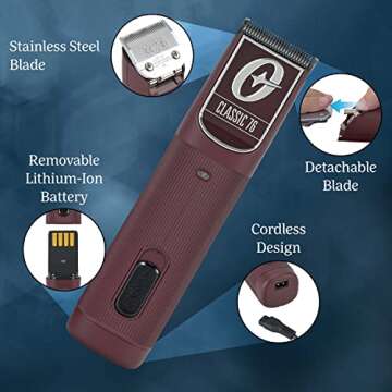 Oster Professional Cordless Hair Clippers, Classic 76 for Barbers and Hair Cutting with Detachable Blade, Burgundy