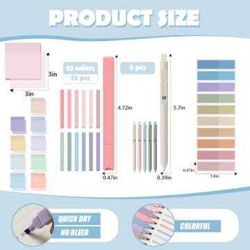 Jutom 39 Pcs Aesthetic Book Annotation Kit Pencil Case Bag with Highlighter Gel Pen 700 Sheets Transparent Sticky Notes Pads Index Tab Bible Study Supplies for School(Green,Cute Style)