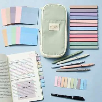 Jutom 39 Pcs Aesthetic Book Annotation Kit Pencil Case Bag with Highlighter Gel Pen 700 Sheets Transparent Sticky Notes Pads Index Tab Bible Study Supplies for School(Green,Cute Style)