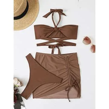 Milumia Women's 3 Piece Halter Swimsuits Solid Lace Up Bikini Set with Drawstring Mesh Cover Up Skirt Coffee Brown