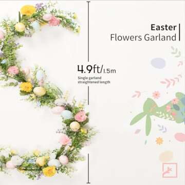 ZIFTY 5FT Easter Garland Spring Vine with Easter Eggs Flowers Berries for Rustic Mantle Arch Home Ta...