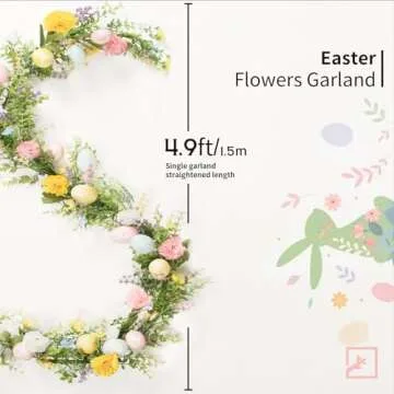 ZIFTY 5FT Easter Garland Spring Vine with Easter Eggs Flowers Berries for Rustic Mantle Arch Home Ta...