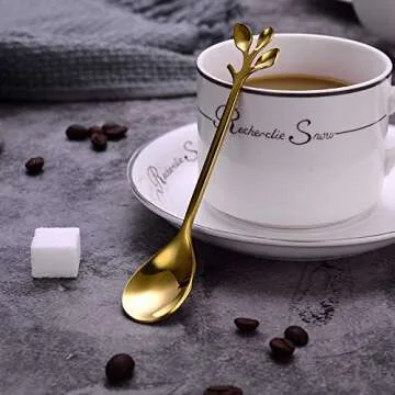 Gold Leaf Espresso Coffee Spoon Ice-Cream Tea Sugar Spoon Stainless Steel 4.7 Inches Mini Stirring Spoons Dessert Demitasse Spoons, Set of 4