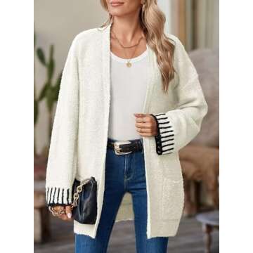 SHEWIN Women Casual Sweaters Long Sleeve Open Front Cardigan Winter Warm Outwear White Small