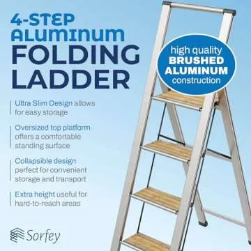 Step Ladder 4 Step Folding, Decorative - Beautiful Bamboo & Silver Aluminum, Ultra Slim Profile, Anti Slip Steps, Sturdy-Portable for Home, Office, Kitchen, Photography Use,by SORFEY