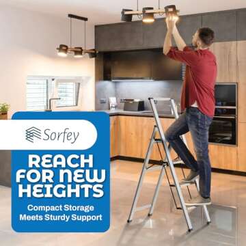 Step Ladder 4 Step Folding, Decorative - Beautiful Bamboo & Silver Aluminum, Ultra Slim Profile, Anti Slip Steps, Sturdy-Portable for Home, Office, Kitchen, Photography Use,by SORFEY