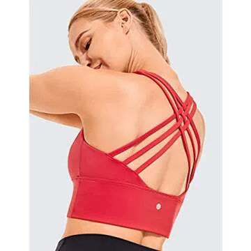 CRZ YOGA Strappy Longline Sports Bras for Women - Wirefree Padded Criss Cross Yoga Cropped Tank Tops Crimson Medium