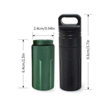 SENHAI Air-Tight EDC Accessory Case Waterproof Pill Capsule Fob Bottle, 2 Pack Aluminum Outdoor Dry Containers Match Seal Storage Case, with 2 Locking Carabiners - Black, Green