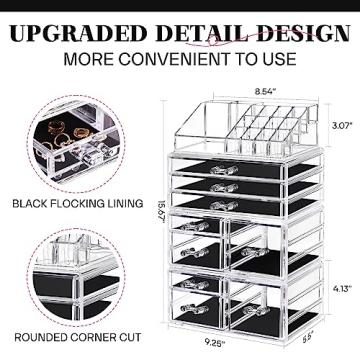 DreamGenius Makeup Organizer, 4 Pieces Acrylic Makeup Storage Box with 9 Drawers for Lipstick Jewelry and Makeup Brushes, Stackable Vanity Organizer for Dresser and Bathroom Countertop, Clear