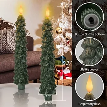 Homemory 3 PCS Flameless Taper Candles with 6-Hours Timer, 9.5 Inches Christmas Tree Candlesticks, Real Wax Battery Operated Window Candles with 3D Flickering Flame for Fireplace Christmas