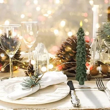 Homemory 3 PCS Flameless Taper Candles with 6-Hours Timer, 9.5 Inches Christmas Tree Candlesticks, Real Wax Battery Operated Window Candles with 3D Flickering Flame for Fireplace Christmas