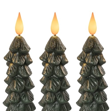Homemory 3 PCS Flameless Taper Candles with 6-Hours Timer, 9.5 Inches Christmas Tree Candlesticks, Real Wax Battery Operated Window Candles with 3D Flickering Flame for Fireplace Christmas