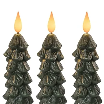 Homemory 3 PCS Flameless Taper Candles with 6-Hours Timer, 9.5 Inches Christmas Tree Candlesticks, Real Wax Battery Operated Window Candles with 3D Flickering Flame for Fireplace Christmas