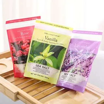 Bath Salts Gift Set 6-Pack, Foot and Body Sea Salts for Soaking, Wooden Scooper, 0.5oz Argan Oil, Bath Salts for Women Relaxing, Mother's Day Gifts for Mom