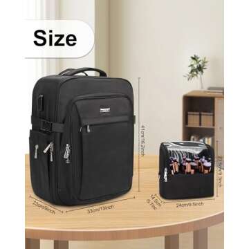 Relavel Professional Makeup Case Makeup Backpack and Makeup Brush Case for Makeup Artists, Durable Water-resistant Material, with Shoulder Strap and Adjustable Dividers Black