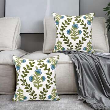 Alysheer Floral Embroidered Spring Decorative Throw Pillow Covers 18"x 18" Set of 2, Farmhouse Blue Flowers Green Vines Patterned Cotton Cushion Cases for Couch Bed Living Room Cottage Decor
