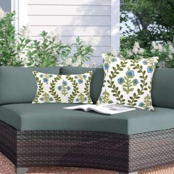 Alysheer Floral Embroidered Spring Decorative Throw Pillow Covers 18"x 18" Set of 2, Farmhouse Blue Flowers Green Vines Patterned Cotton Cushion Cases for Couch Bed Living Room Cottage Decor