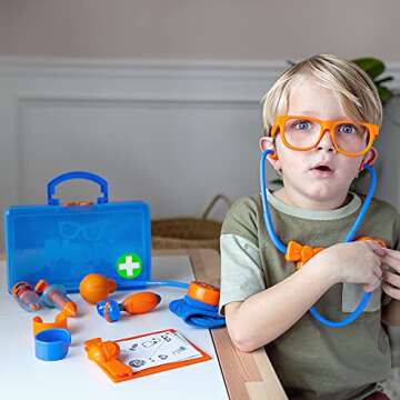 Blippi Doctor Playset - Stethoscope, Glasses, Blood Pressure Arm Band, Toy Syringe, Thermometer, Doctor’s Bag, Bandages, Reflex Hammer Shoe, and Clipboard with 5 Activity Sheets - Amazon Exclusive