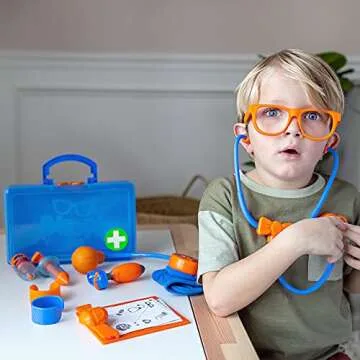 Blippi Doctor Playset - Stethoscope, Glasses, Blood Pressure Arm Band, Toy Syringe, Thermometer, Doctor’s Bag, Bandages, Reflex Hammer Shoe, and Clipboard with 5 Activity Sheets - Amazon Exclusive