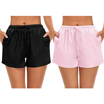 SWOMOG Women's Luxury Silk Satin Pajama Shorts - Soft, Comfortable with Pockets (2-Pack)