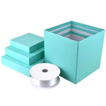 Homeford Nested Square Gift Boxes, Robin's Egg Blue, 5-inch, 6-inch, 7-inch, 3-piece, 1.5-inch White Satin Ribbon