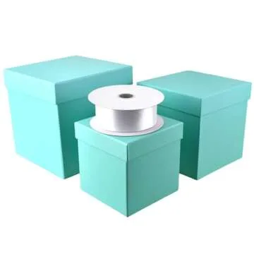 Homeford Nested Square Gift Boxes, Robin's Egg Blue, 5-inch, 6-inch, 7-inch, 3-piece, 1.5-inch White Satin Ribbon