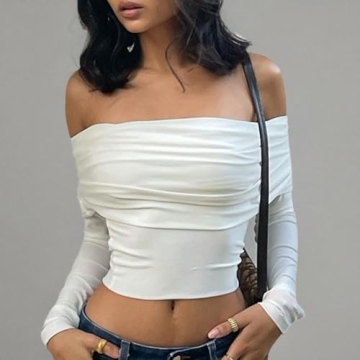Y2k Sexy Off Shoulder Cropped T-Shirt Long Sleeve Bodycon Crop Tee Tops Aesthetic Streetwear