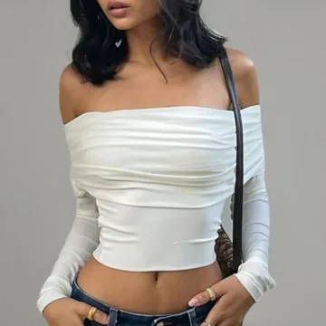 Y2k Sexy Off Shoulder Cropped T-Shirt Long Sleeve Bodycon Crop Tee Tops Aesthetic Streetwear