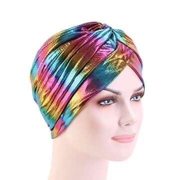 CCCHO Glitter Laser Flower Turban Colourful Beanie Cap Stretchy Hair Wrap for Women (D-Gold-A)