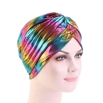 CCCHO Glitter Laser Flower Turban Colourful Beanie Cap Stretchy Hair Wrap for Women (D-Gold-A)