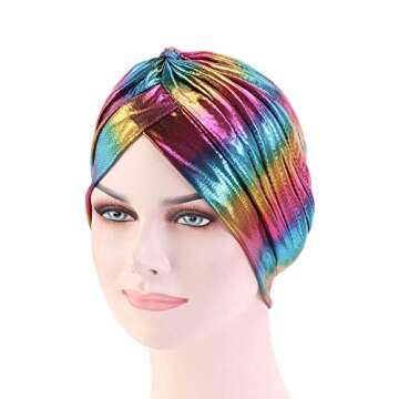 CCCHO Glitter Laser Flower Turban Colourful Beanie Cap Stretchy Hair Wrap for Women (D-Gold-A)