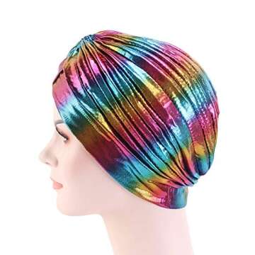CCCHO Glitter Laser Flower Turban Colourful Beanie Cap Stretchy Hair Wrap for Women (D-Gold-A)
