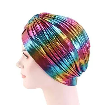 CCCHO Glitter Laser Flower Turban Colourful Beanie Cap Stretchy Hair Wrap for Women (D-Gold-A)