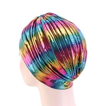 CCCHO Glitter Laser Flower Turban Colourful Beanie Cap Stretchy Hair Wrap for Women (D-Gold-A)