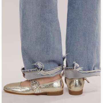 Dsevht Mary Janes Flats for Women Fashion Square Toe Flat Low Heel Easy Buckle Strap Flats Shoes Gold