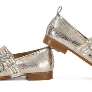 Dsevht Mary Janes Flats for Women Fashion Square Toe Flat Low Heel Easy Buckle Strap Flats Shoes Gold